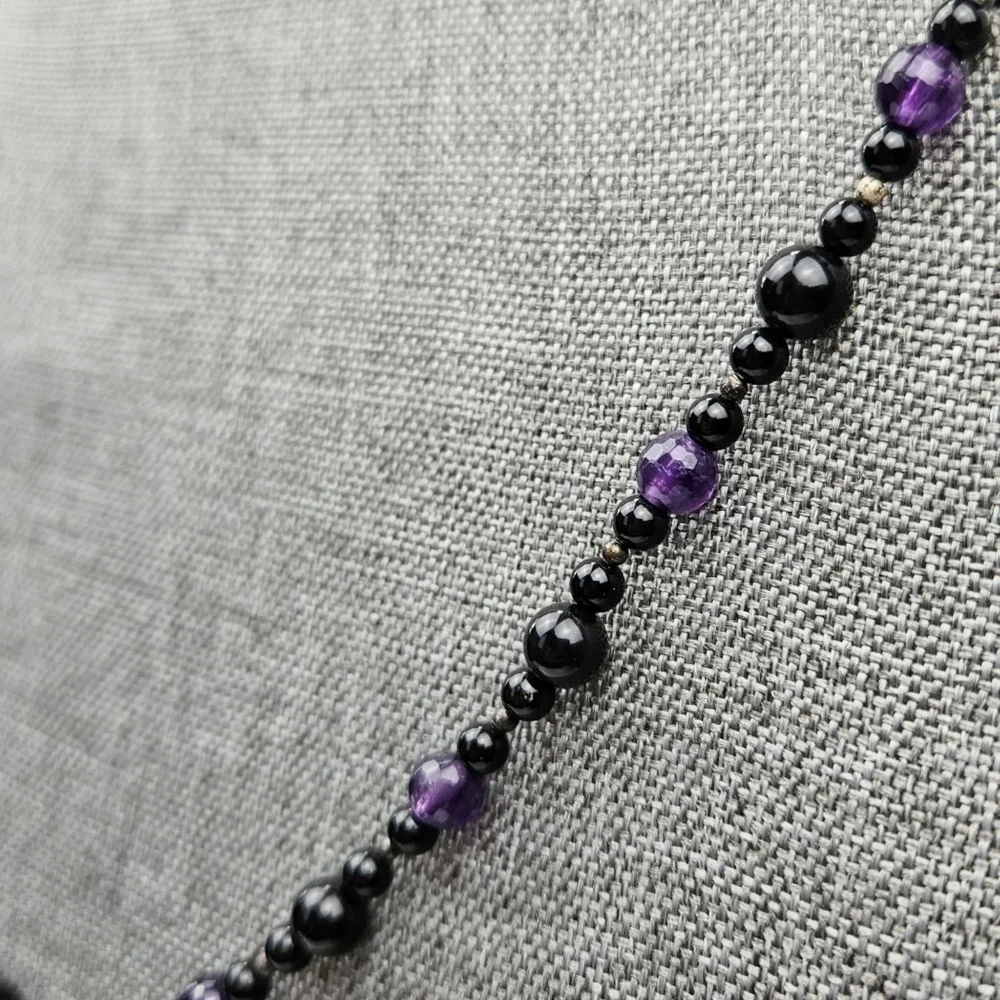 GENUINE Amethyst Beaded Necklace Black Glass Y Pendant 925 Sterling Silver 16.5